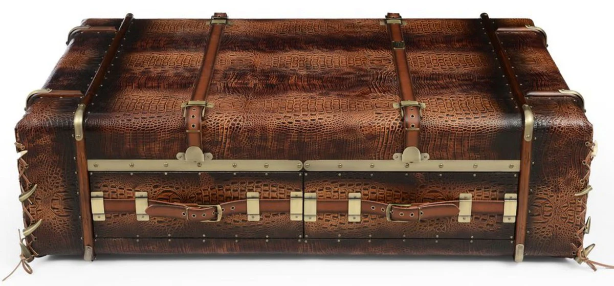 Luxus Couchtisch in Koffer Optik Braun / Schwarz / Messing 140 x 85 x H. 43 cm - Koffer Wohnzimmertisch mit 2 Schubladen - Wohnzimmer Möbel - Luxus Möbel in Koffer Optik