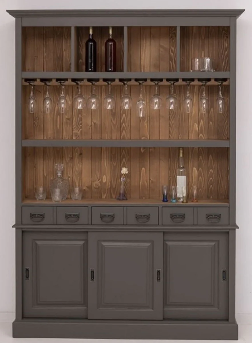 Landhausstil Massivholz Barschrank Dunkelgrau / Braun 151 x 36 x H. 210 cm - Massivholz Weinschrank im Landhausstil - Massivholz Bar Möbel - Landhausstil Bar Möbel