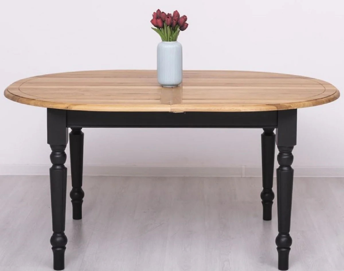 Landhausstil Esstisch Naturfarben / Schwarz 160-200 x 120 x H. 78 cm - Ovaler ausziehbarer massivholz Küchentisch mit Eichenholz Tischplatte - Esszimmer Möbel im Landhausstil
