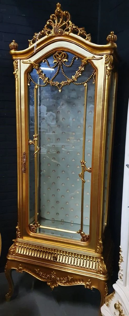 Barock Vitrine Gold - Barock Vitrinenschrank mit Glastür und Schublade - Barock Wohnzimmer Möbel - Edel & Prunkvoll