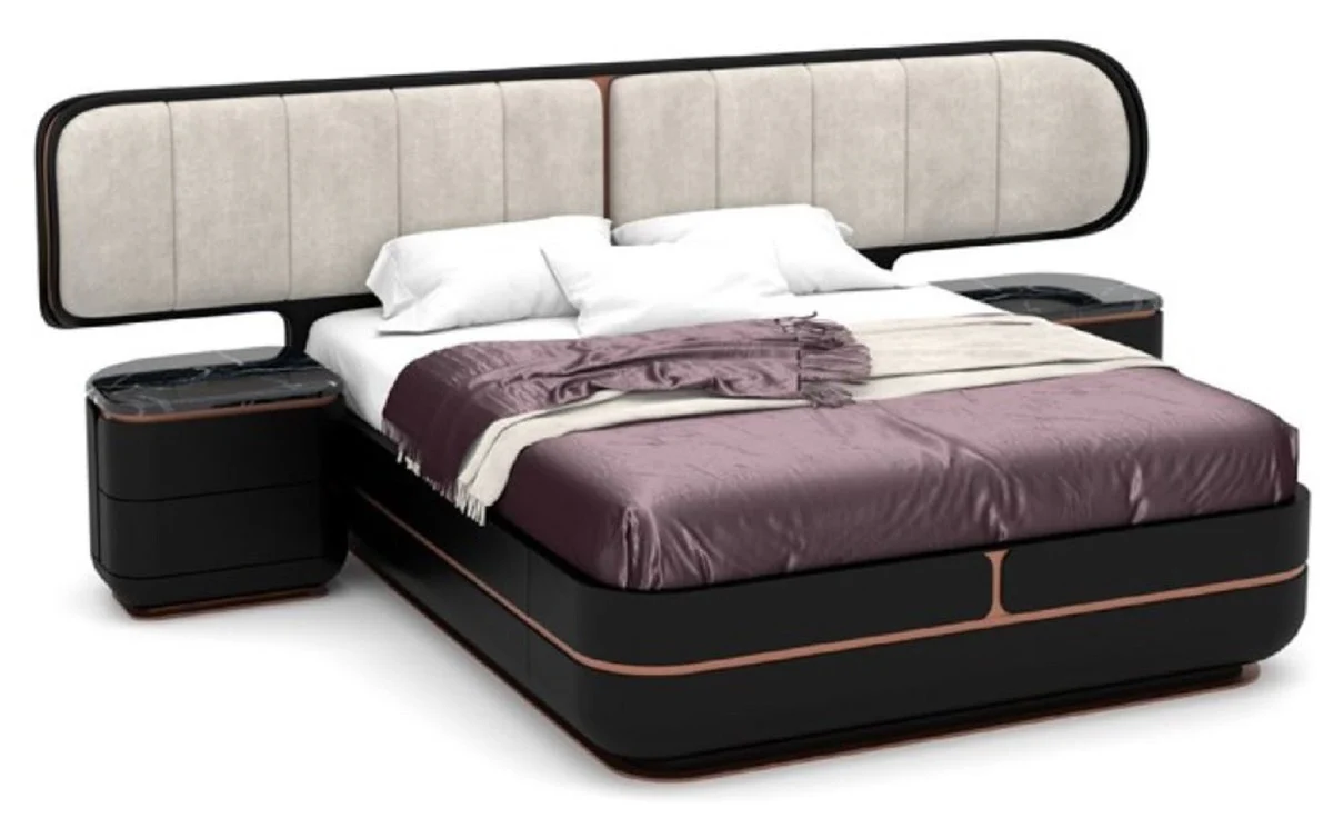 Luxus Schlafzimmer Set Grau / Schwarz / Kupfer - 1 Doppelbett mit Kopfteil & 2 Nachtkommoden - Luxus Schlafzimmer Möbel - Luxus Schlafzimmer Einrichtung