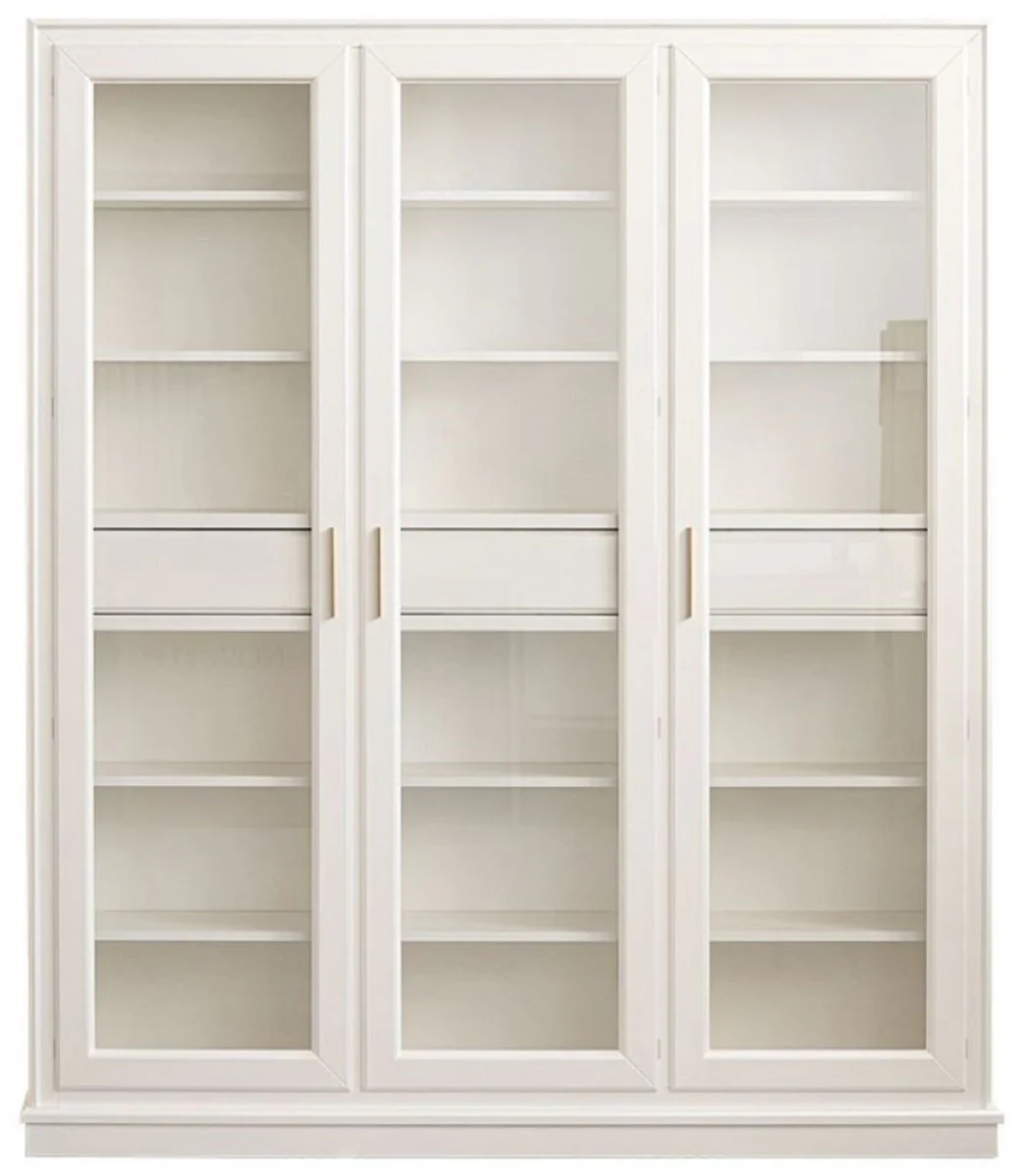 Luxus Bücherschrank mit 3 Türen und LED Beleuchtung Weiß 200 x 45 x H. 230 cm - Massivholz Schrank - Wohnzimmerschrank - Regalschrank - Büroschrank - Luxus Möbel - Luxus Einrichtung