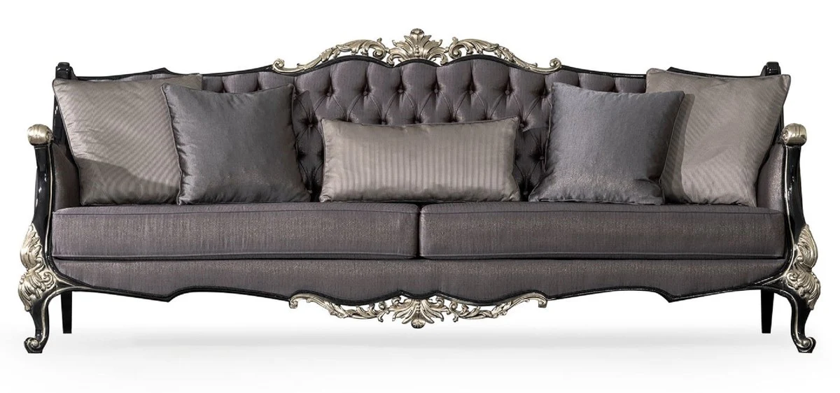 Luxus Barock Wohnzimmer Sofa Lila / Schwarz / Silber - Prunkvolles Barockstil Sofa mit dekorativen Kissen - Luxus Wohnzimmer Möbel im Barockstil - Barock Möbel