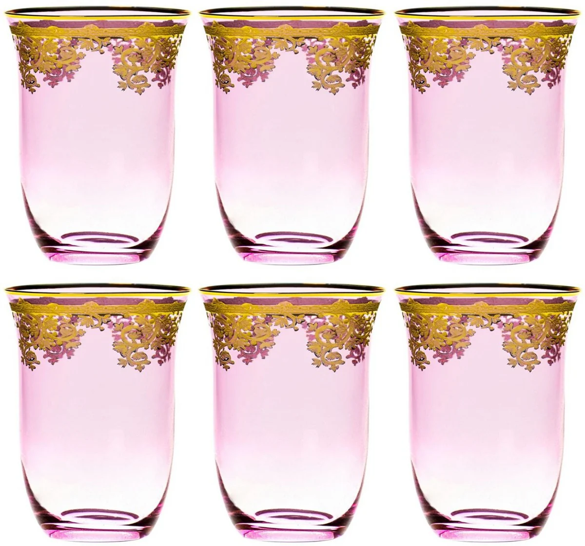 Luxus Barock Wasserglas 6er Set Rosa / Gold Ø 9 x H. 12 cm - Handgefertigte und handbemalte Wassergläser - Biergläser - Weingläser - Hotel & Restaurant Accessoires - Luxus Qualität