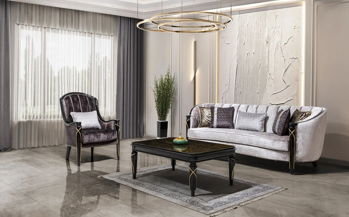 Luxus Barock Wohnzimmer Set Silber / Lila / Schwarz / Gold
