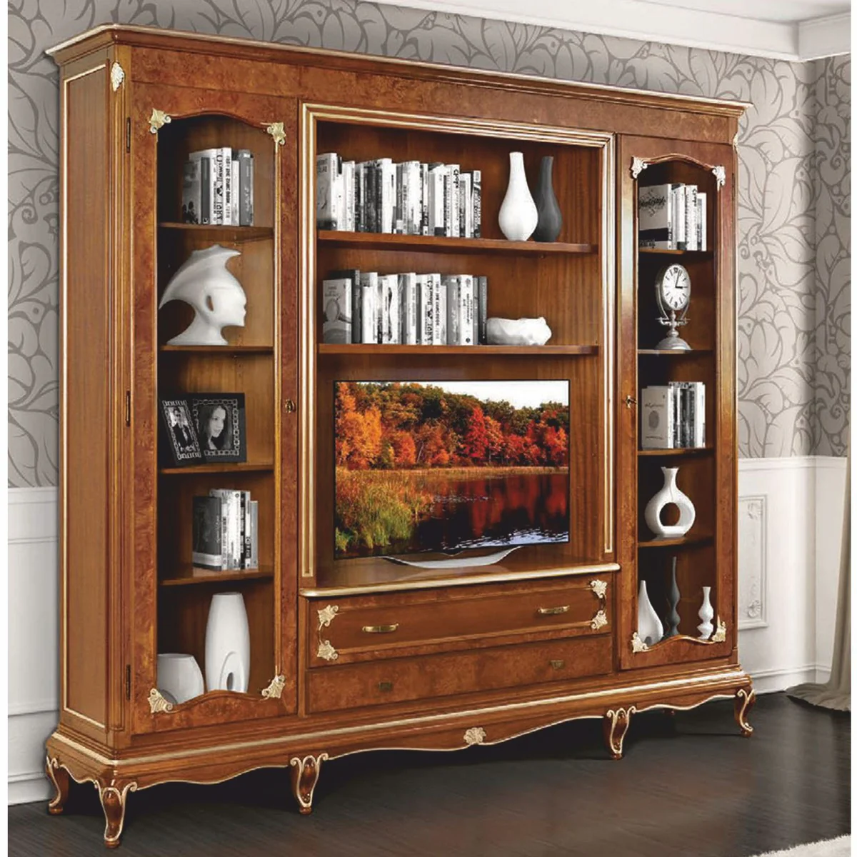 Luxus Barock Bücherschrank Braun / Gold 250 x H. 227 cm - Made in Italy