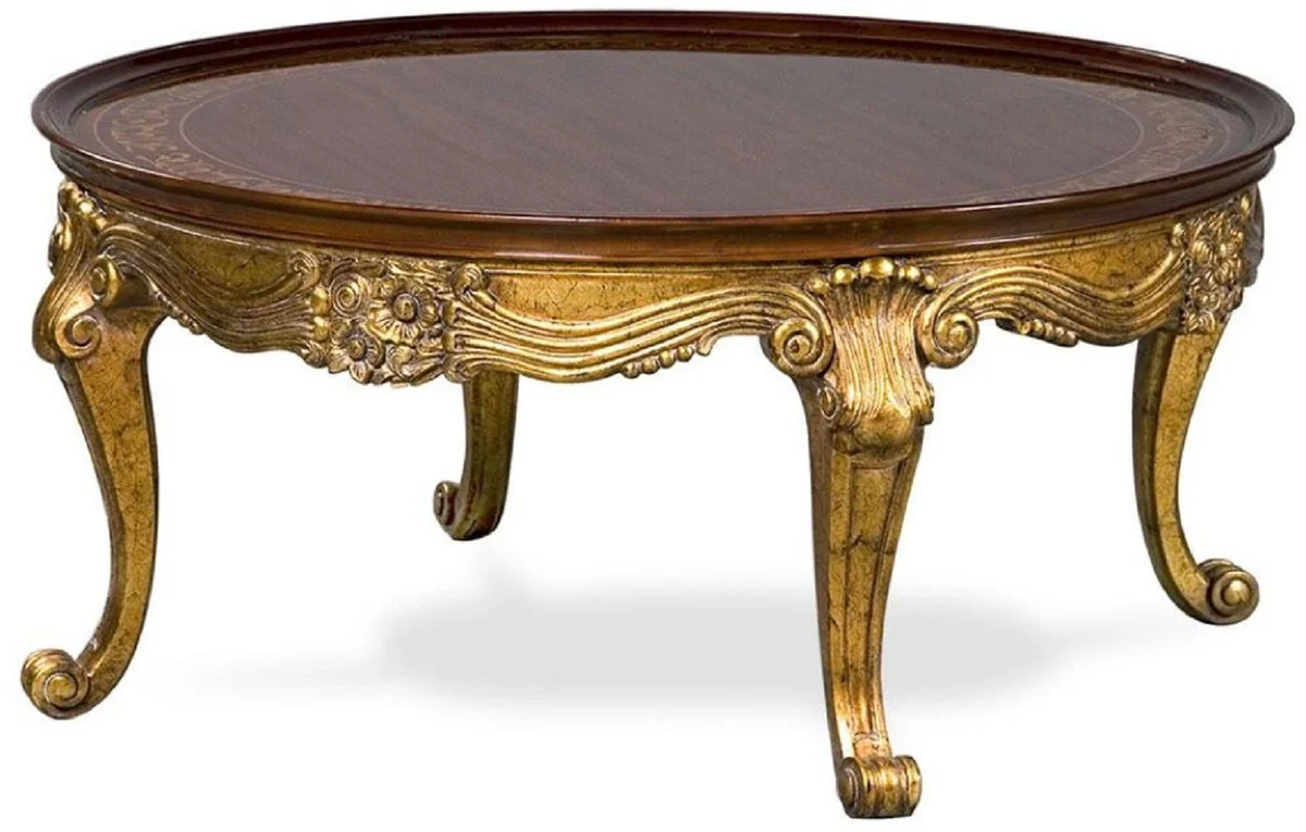 Luxus Barock Couchtisch Braun / Antik Gold - Runder Massivholz Tisch im Barockstil - Handgefertigte Barock Wohnzimmer Möbel - Edel & Prunkvoll