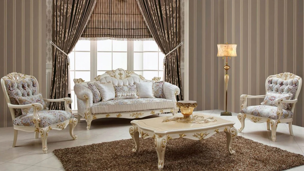 Luxus Barock Sofa Weiß / Mehrfarbig / Creme / Gold - Prunkvolles Wohnzimmer Sofa mit elegantem Muster - Barockstil Wohnzimmer Möbel - Luxus Möbel im Barockstil - Barock Einrichtung