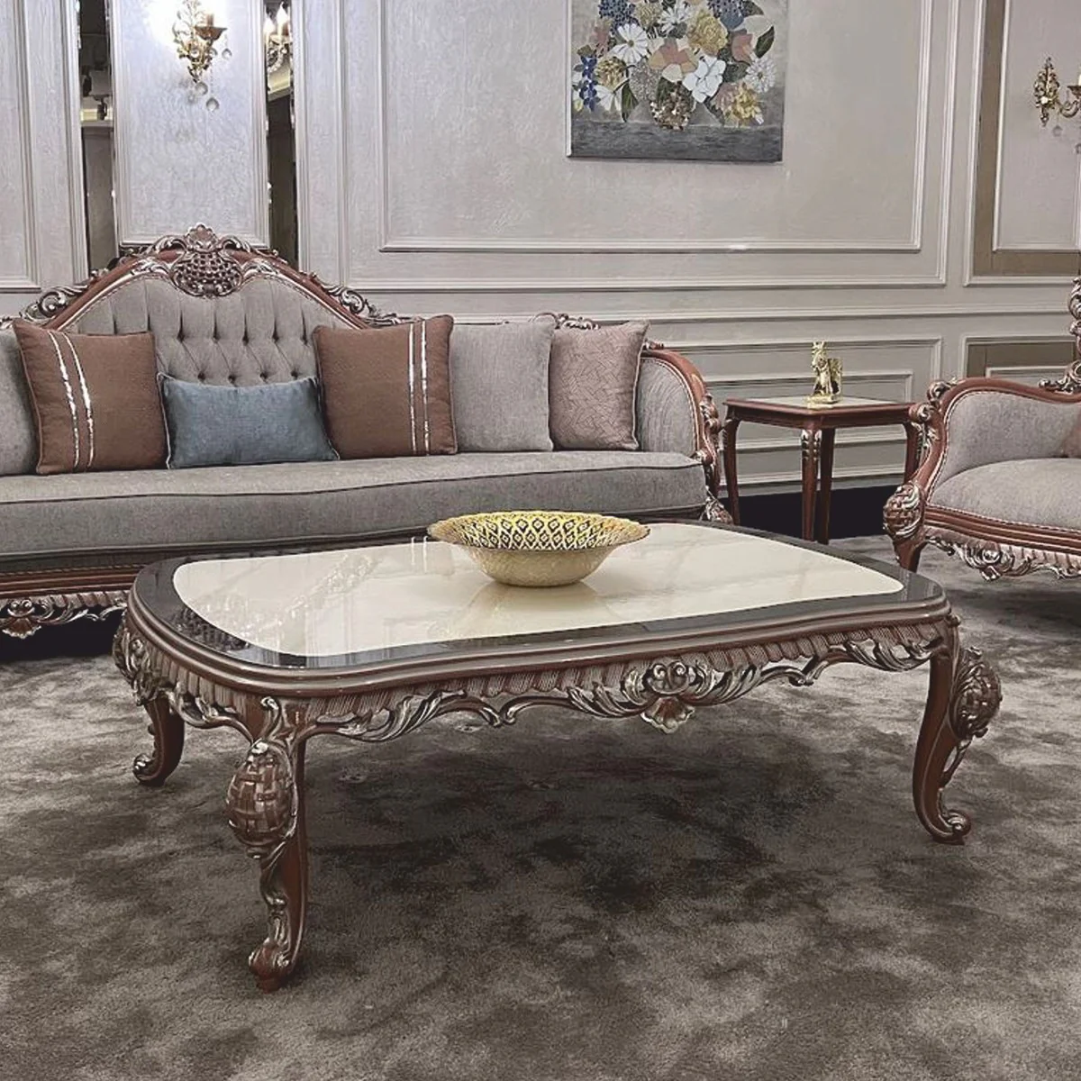 Luxus Barock Couchtisch Creme / Schwarz / Braun / Silber - Barock Möbel