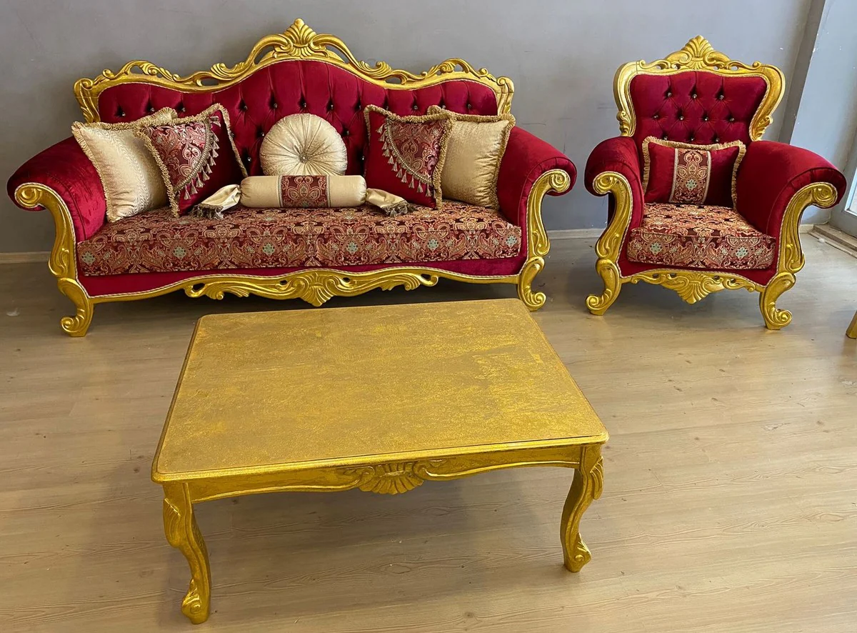 Luxus Barock Sofa Bordeauxrot / Mehrfarbig / Gold - Prunkvolles Wohnzimmer Sofa mit elegantem Muster und Glitzersteinen - Wohnzimmer Möbel - Barock Möbel - Edel & Prunkvoll
