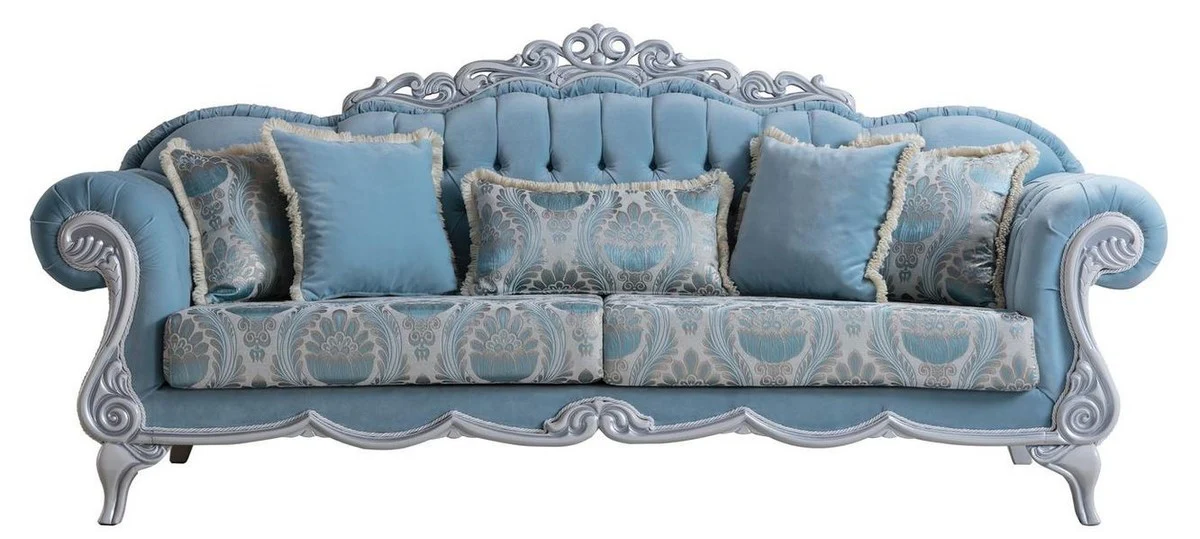 Luxus Barock Wohnzimmer Sofa mit dekorativen Kissen Hellblau / Grau 237 x 90 x H. 105 cm - Barock Möbel - Edel & Prunkvoll