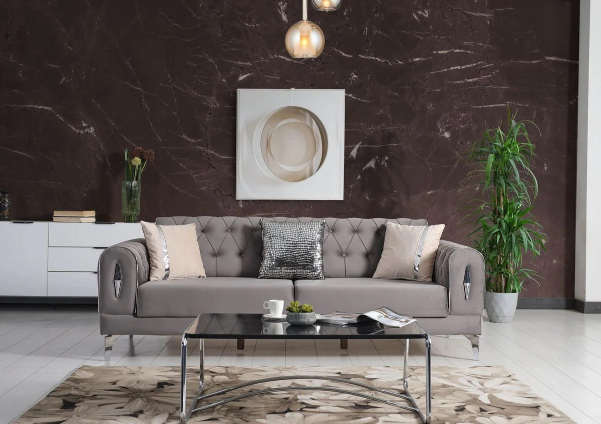 Luxus Schlafsofa Grau / Silber 225 x 95 x H. 83 cm - Wohnzimmer Sofa mit 4 Kissen - Luxus Wohnzimmer Möbel