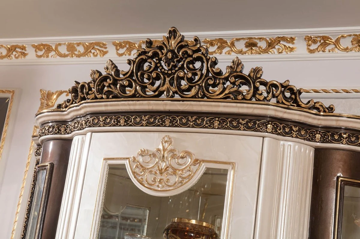 Luxus Barock Vitrine mit Tür Creme / Dunkelbraun / Gold