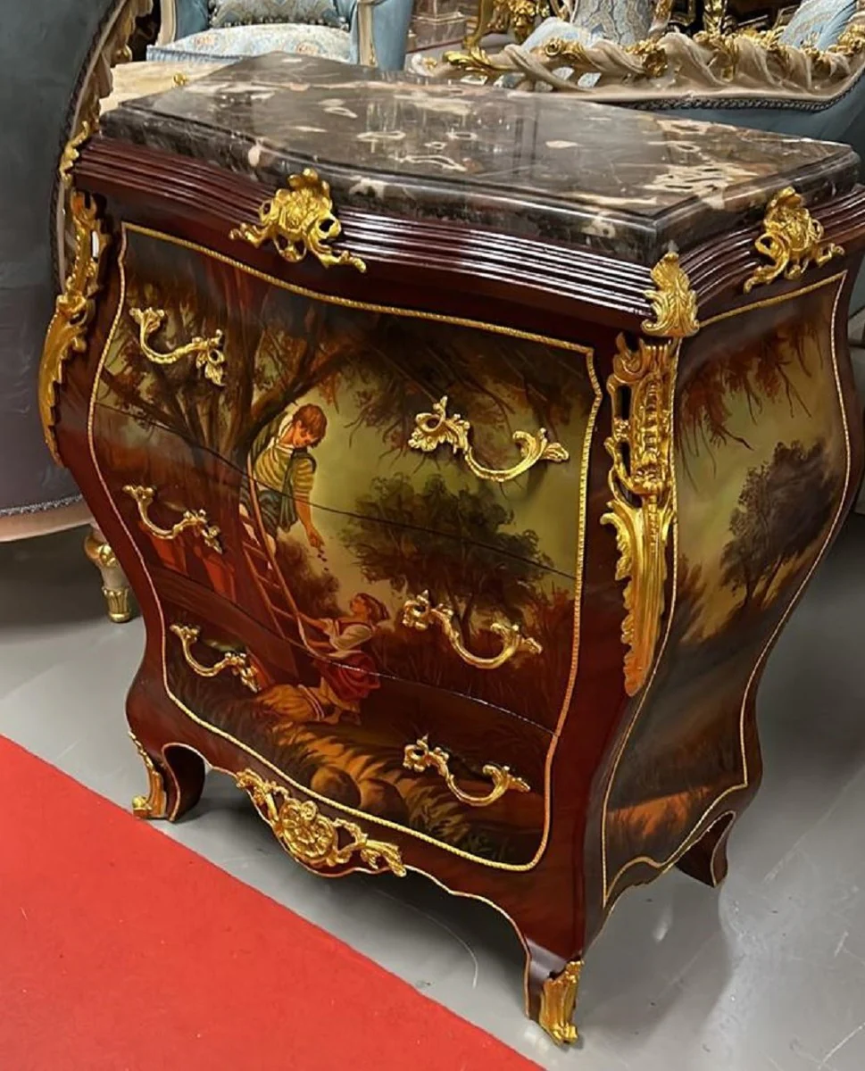 Barock Kommode Braun / Gold / Mehrfarbbig / Schwarz - Handgefertigte Massivholz Kommode mit 3 Schubladen und Marmorplatte - Barock Möbel