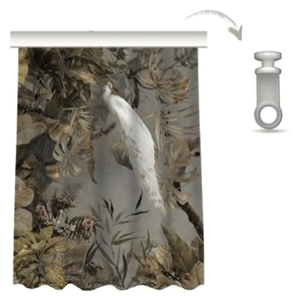 Luxus Vorhang Set Weißer Pfau im Wald Grau / Mehrfarbig 250 x H. 290 cm - Bedruckte Leinen & Samt Vorhänge - Ösenvorhänge - Schiebevorhänge - Luxus Wohnzimmer Vorhänge