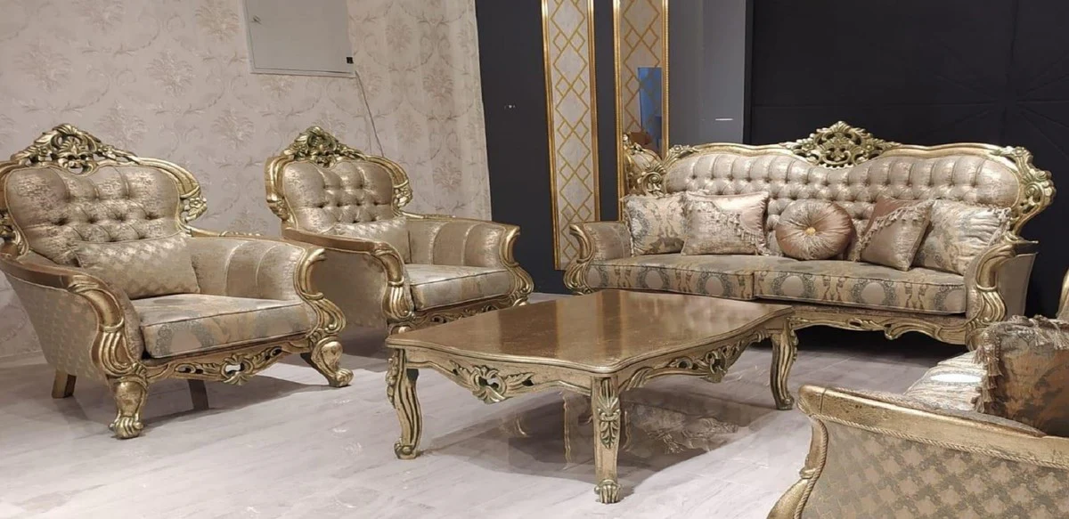 Luxus Barock Wohnzimmer Set Gold / Grün / Gold - 2 Barock Sofas mit Muster & 2 Barock Sessel mit Muster & 1 Barock Couchtisch - Barock Wohnzimmer Möbel