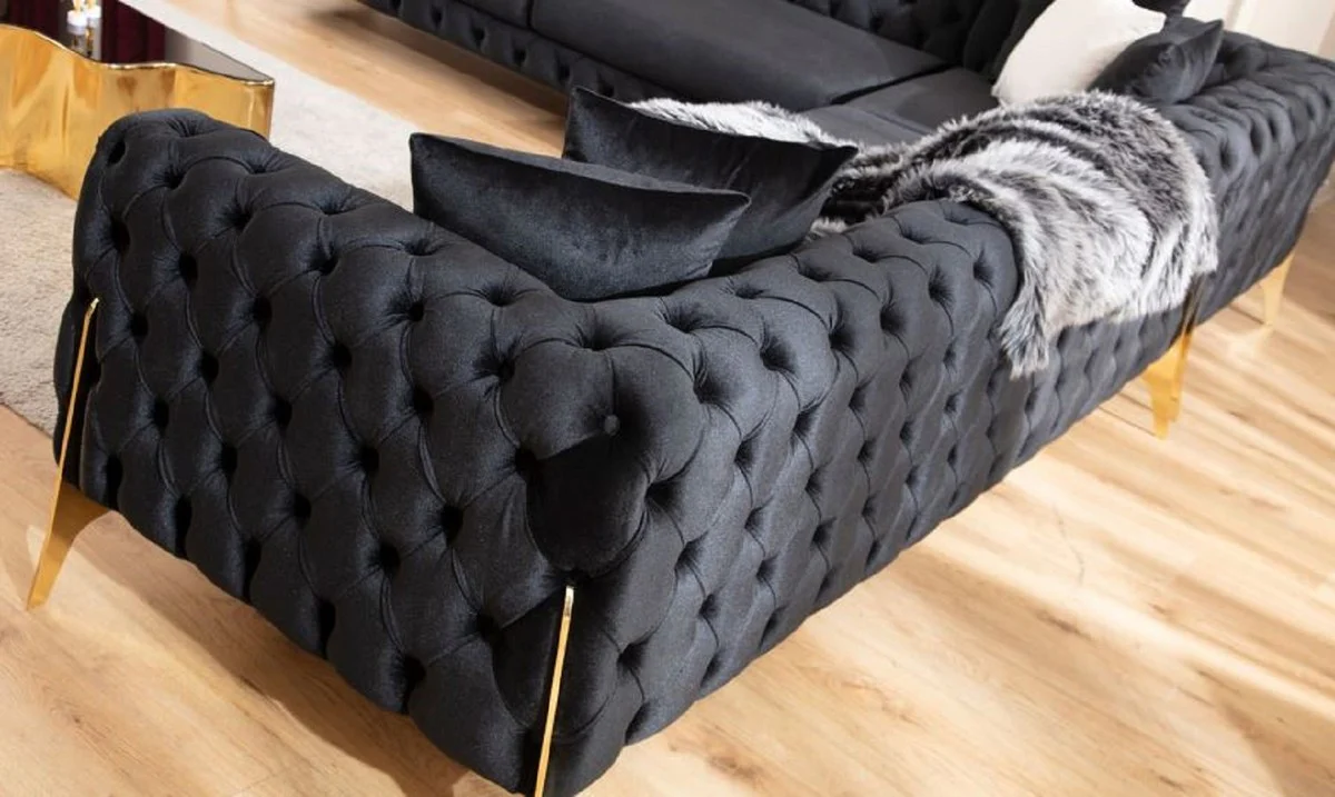 Luxus Chesterfield Ecksofa Schwarz / Gold 310 x 270 x H. 70 cm - Chesterfield Wohnzimmer Sofa - Wohnzimmer Möbel - Luxus Chesterfield Möbel - Luxus Wohnzimmer Einrichtung