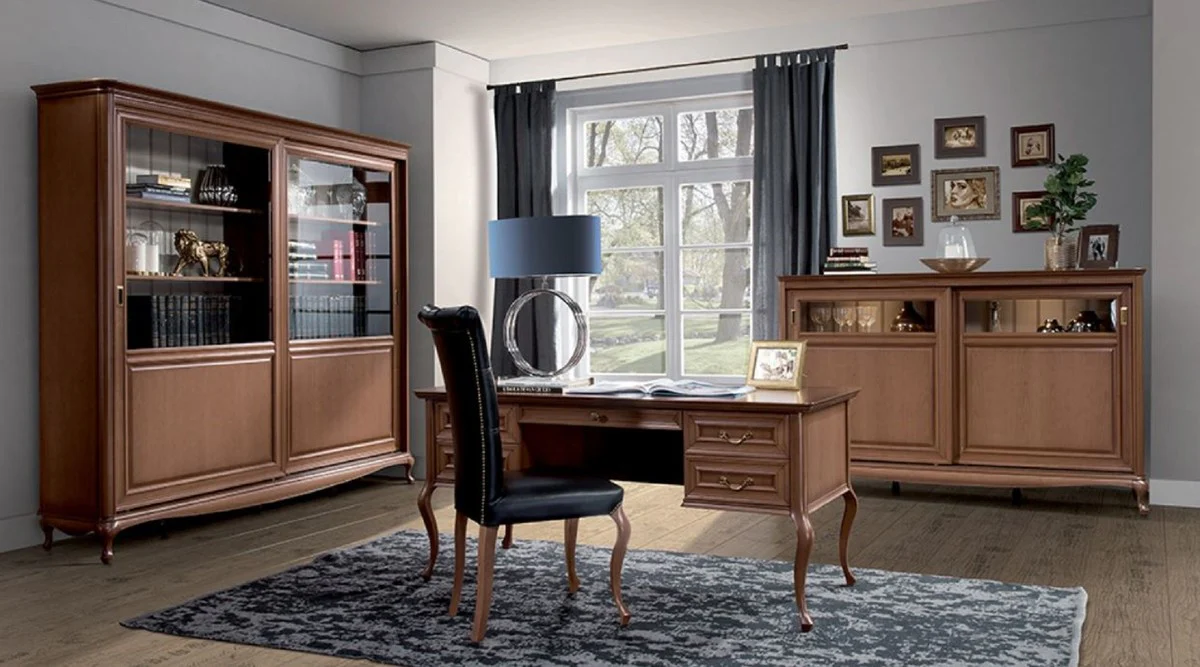 Luxus Jugendstil Bücherschrank Braun / Cremefarben 222,9 x 46,1 x H. 196,6 cm - Massivholz Schrank mit 2 Schiebetüren - Wohnzimmerschrank - Büroschrank - Barock & Jugendstil Möbel