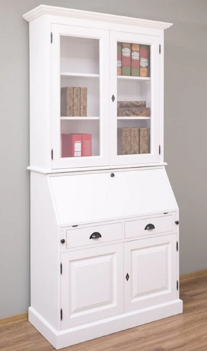 Landhausstil Büroschrank Weiß 110 x 49 x H. 219 cm - Massivholz Schrank - Bücherschrank - Regalschrank - Wohnzimmerschrank - Landhausstil Möbel