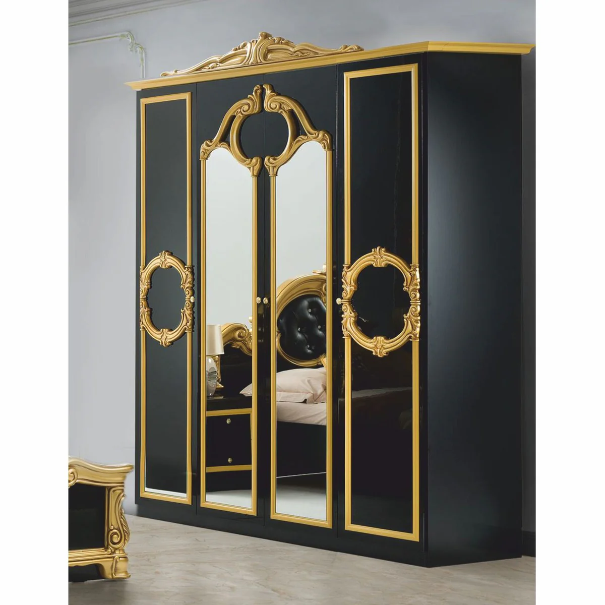 Luxus Barock Schlafzimmer Schrank Schwarz / Gold 177 cm - Barock Schlafzimmer Möbel