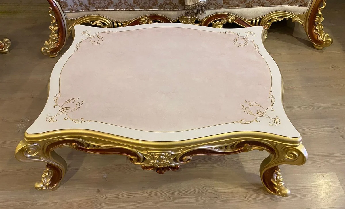 Luxus Barock Couchtisch Weiß / Beige / Gold / Braun - Prunkvoller Wohnzimmertisch im Barockstil - Luxus Wohnzimmer Möbel im Barockstil - Barock Möbel - Barock Wohnzimmer Einrichtung