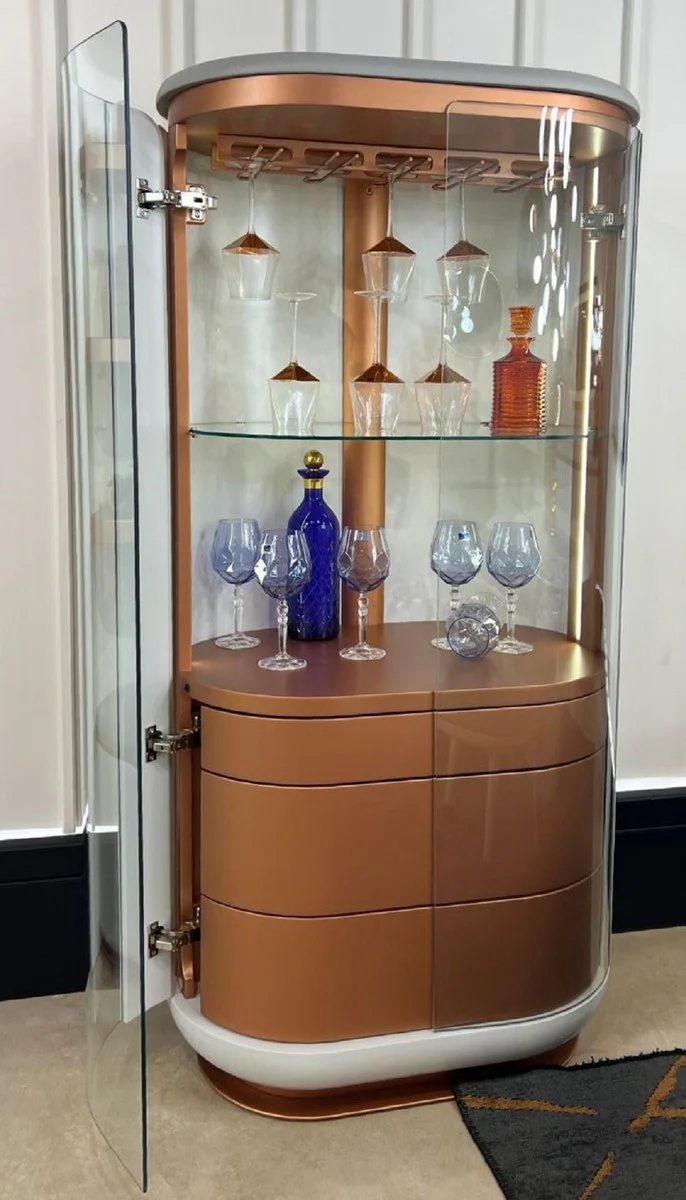 Luxus Barschrank Weiß / Grau / Kupfer 80 x 50 x H. 165 cm - Beleuchteter Massivholz Weinschrank mit 2 Türen - Wohnzimmer Möbel - Bar Möbel - Hotel Möbel - Luxus Kollektion