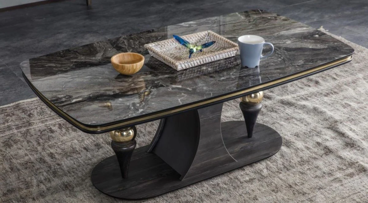 Luxus Art Deco Couchtisch Schwarz / Grau / Messingfarben 120 x 70 x H. 46 cm - Rechteckiger Wohnzimmertisch mit Glasplatte in Marmoroptik - Möbel