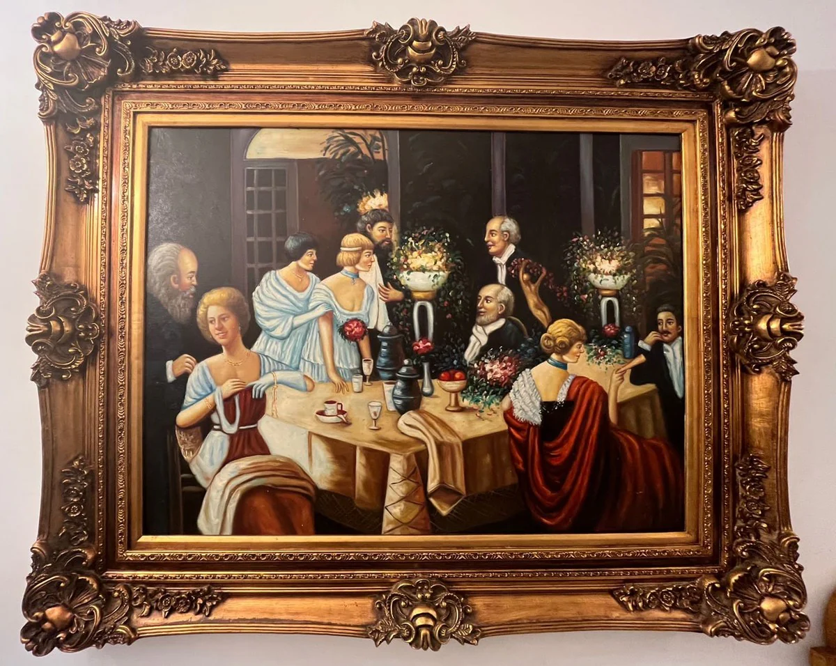 Barock Ölgemälde Mehrfarbig / Gold - Handgemaltes Antik Stil Gemälde mit Prunk Rahmen - Wand Deko im Barockstil - Barock Deko Accessoires - Barock Interior - Barock Möbel