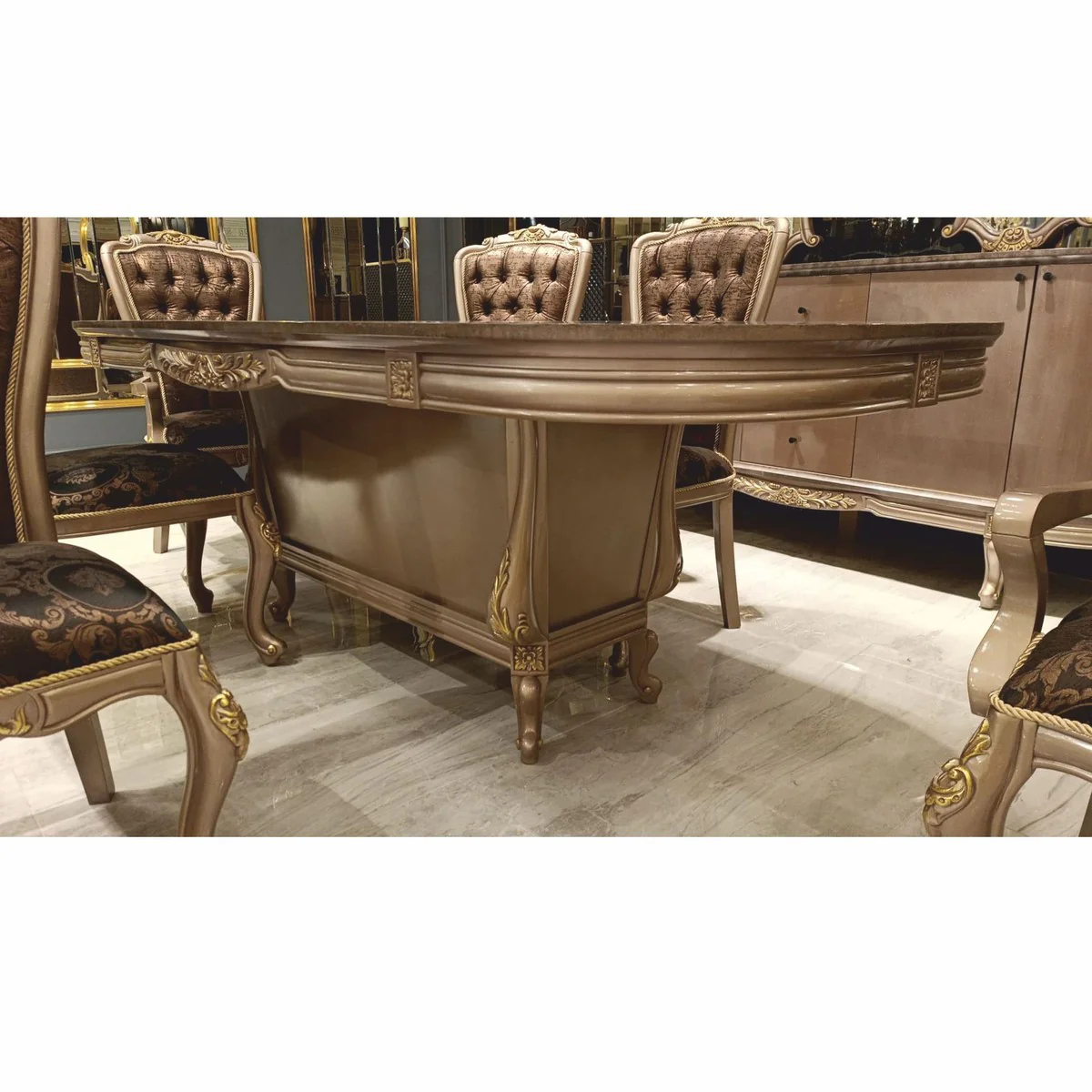 Luxus Barock Esszimmer Set Grau / Schwarz / Gold - 1 Esstisch & 6 Stühle