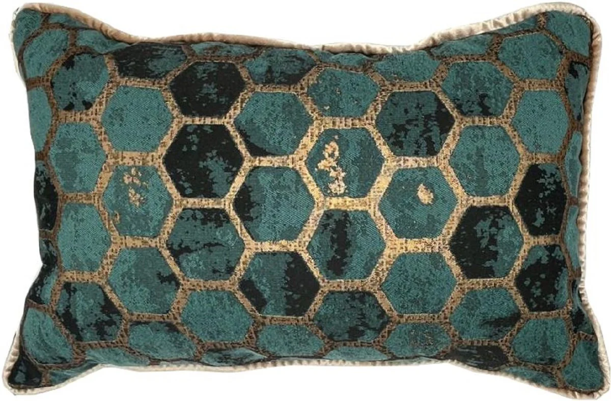 Luxus Kissen Türkis / Gold 55 x 35 cm - Deko Kissen - Rechteckiges Zierkissen - Wohnzimmer Deko - Luxus Deko Accessoires - Luxus Deko