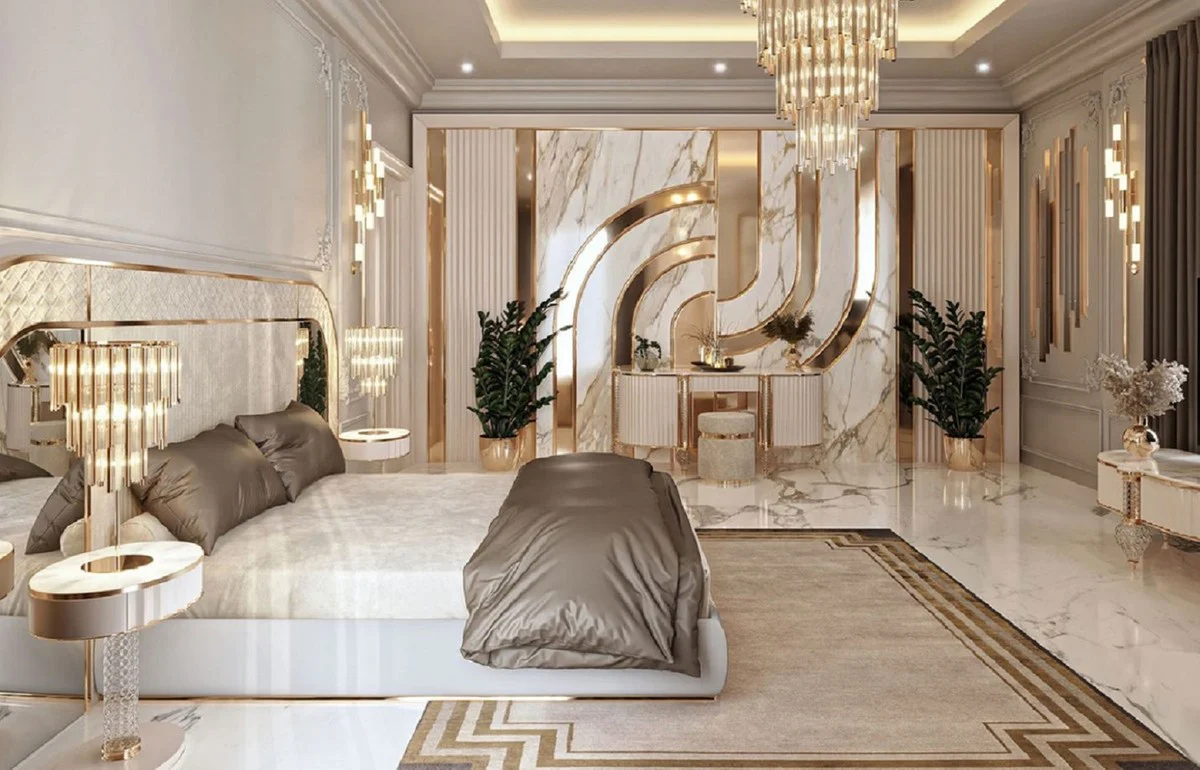 Luxus Hocker Grau / Gold Ø 45 x H. 45 cm - Runder Sitzhocker - Schlafzimmer Möbel - Luxus Möbel - Luxus Einrichtung