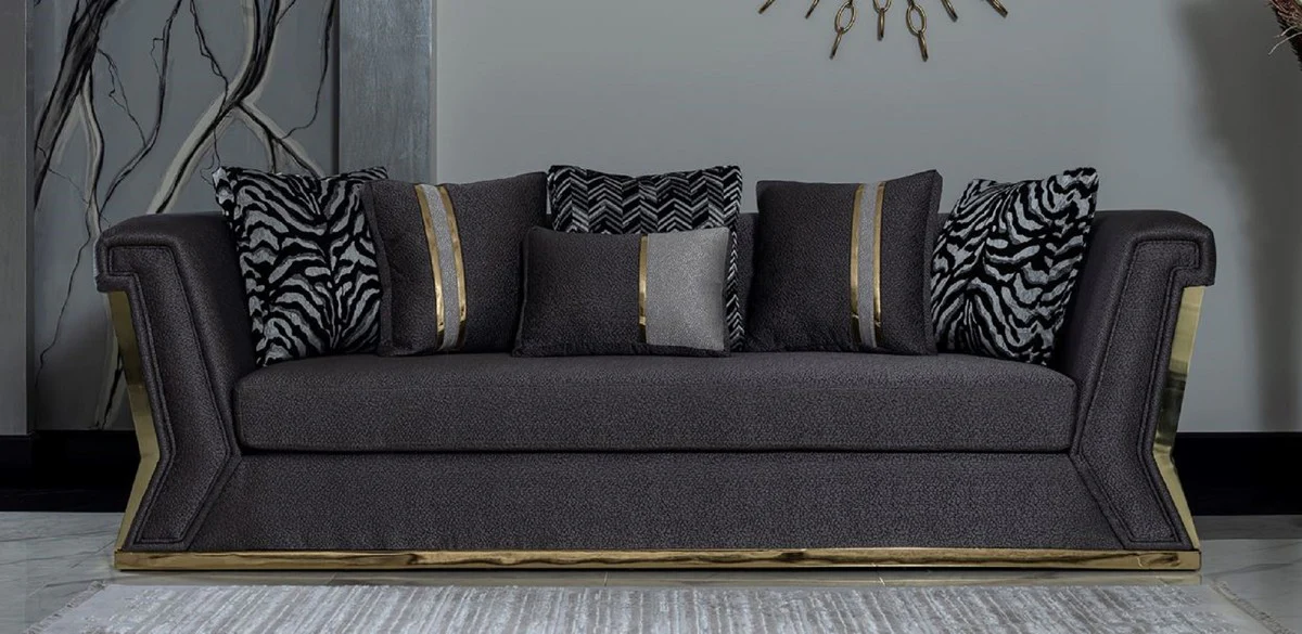 Luxus Sofa Dunkelgrau / Gold - Elegantes Wohnzimmer Sofa mit dekorativen Kissen - Luxus Wohnzimmer Möbel