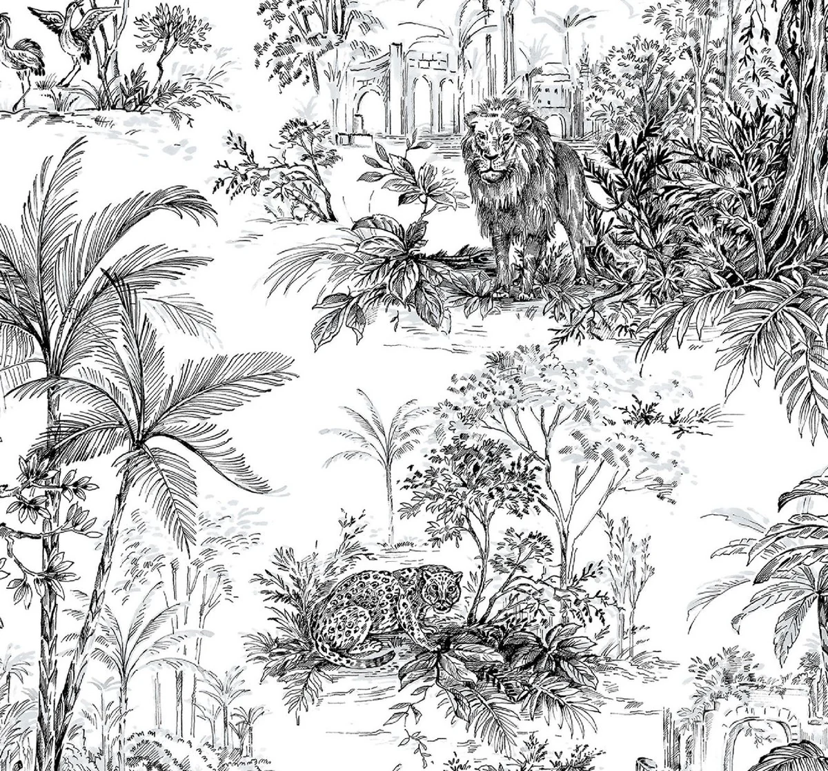 Luxus Vorhang Set Dschungel Weiß / Schwarz 250 x H. 290 cm - Bedruckte Leinen & Samt Vorhänge - Ösenvorhänge - Schiebevorhänge - Wohnzimmer Schlafzimmer Vorhänge