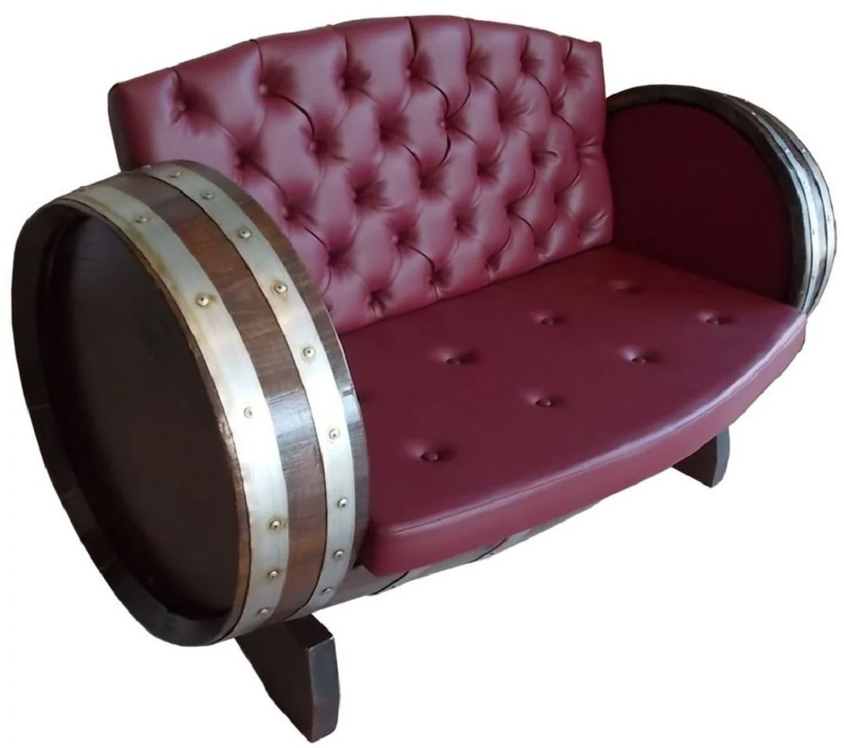 Luxus Fass Sofa Bordeauxrot / Braun / Silber 160 x 65 x H. 85 cm - Gepolstertes Massivholz Weinfass Sofa - Garten Terrassen Gastronomie Möbel