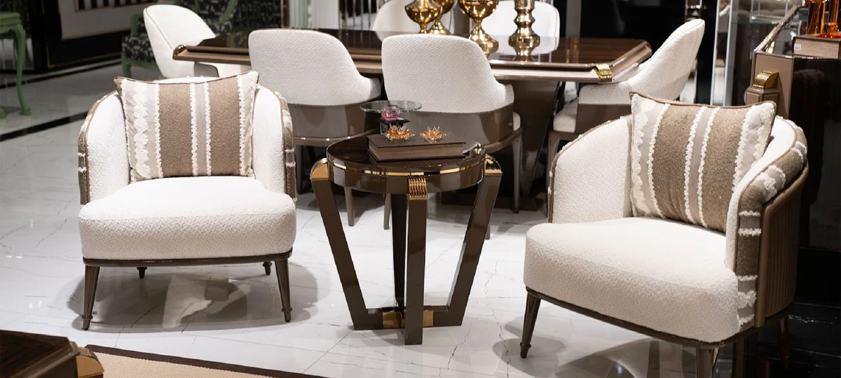 Luxus Beistelltisch Braun / Gold - Runder Massivholz Beistelltisch - Wohnzimmer Möbel - Hotel Möbel - Luxus Möbel