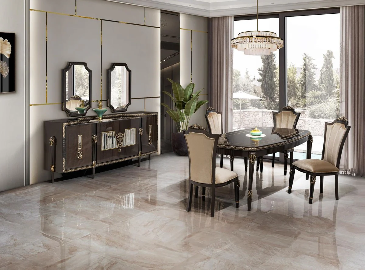 Luxus Barock Esszimmer Set Hellbraun / Dunkelbraun / Gold - 1 Esstisch & 6 Esszimmerstühle