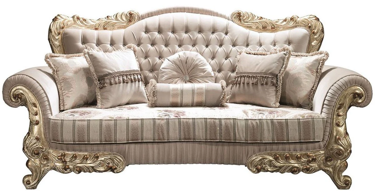 Luxus Barock Sofa mit Glitzersteinen und dekorativen Kissen Beige / Gold 230 x 85 x H. 110 cm - Barock Wohnzimmer Möbel