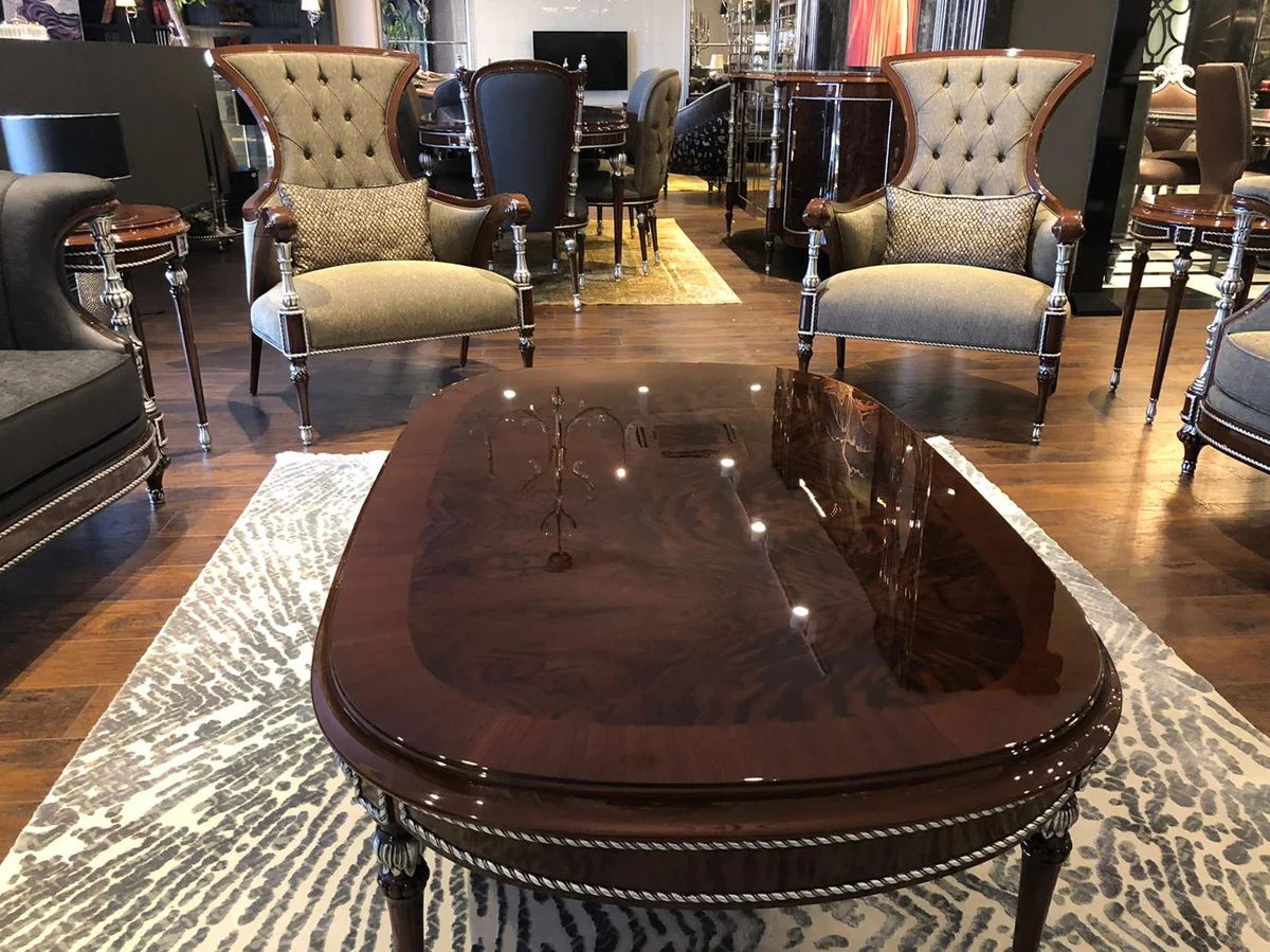 Luxus Barock Couchtisch Braun / Silber 144 x 92 x H. 45 cm - Ovaler Massivholz Wohnzimmertisch - Edle Barock Wohnzimmer Möbel