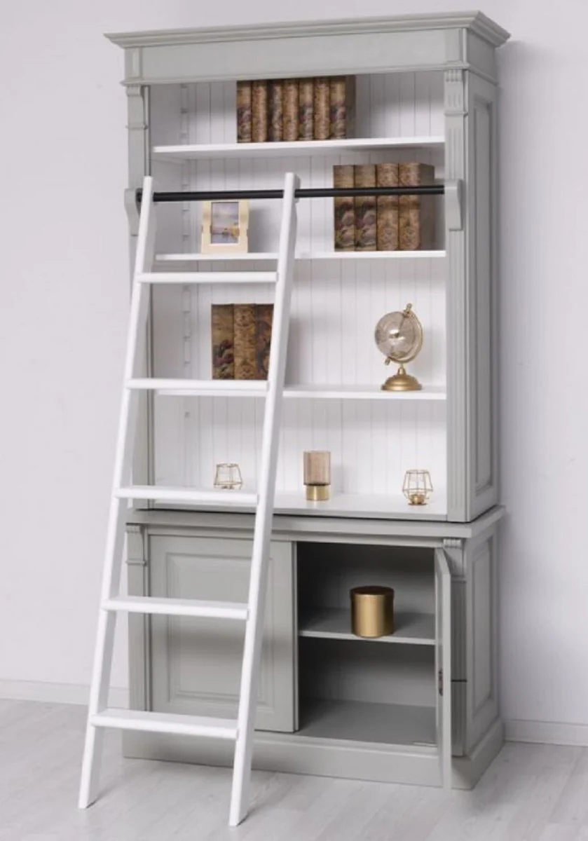 Landhausstil Bücherschrank mit Leiter Grau / Weiß 120 x 51 x H. 228 cm - Massivholz Schrank - Regalschrank - Wohnzimmerschrank - Büroschrank - Landhausstil Möbel