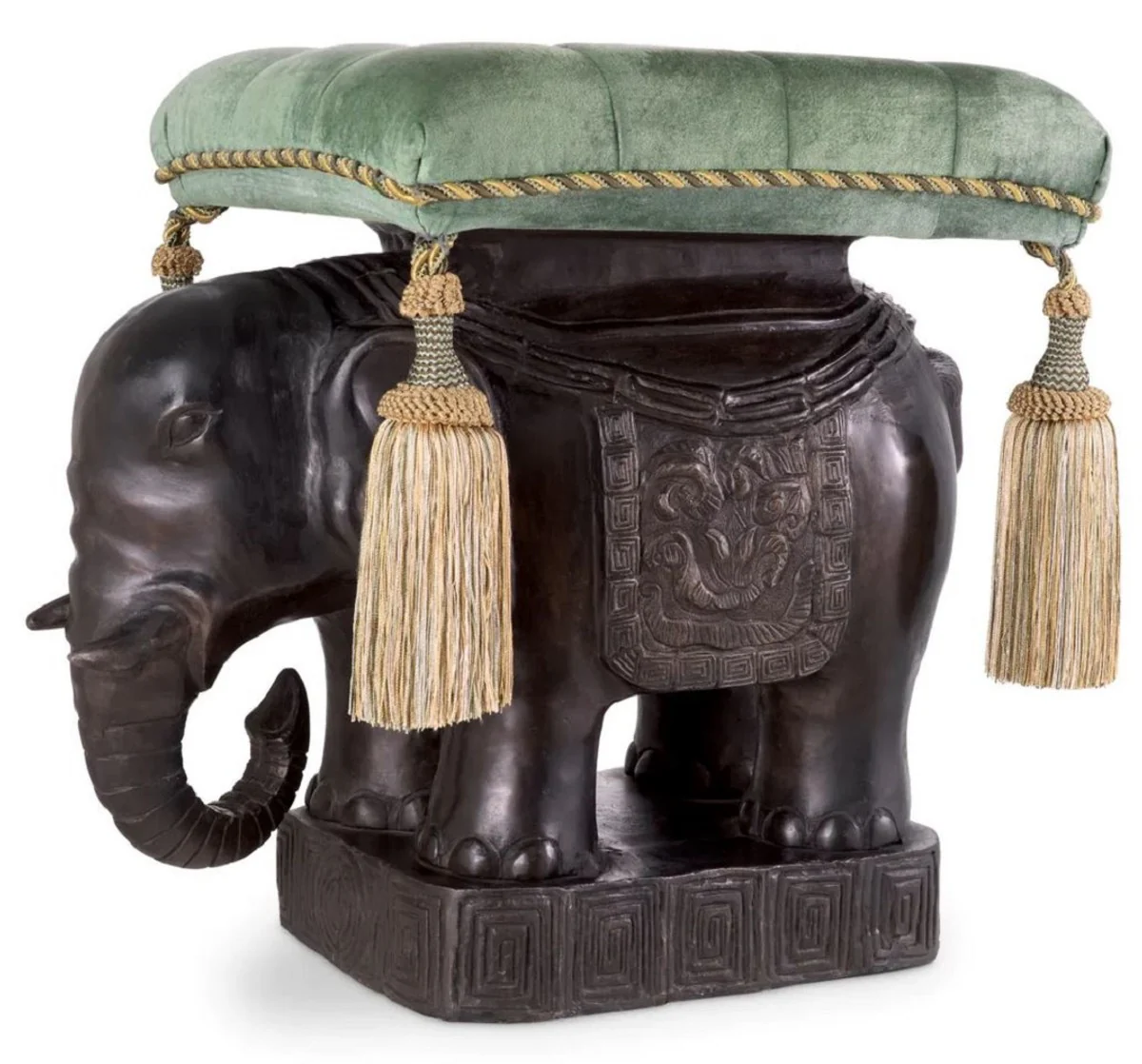 Luxus Hocker Elefant Bronze / Türkis / Gold 58 x 40 x H. 55 cm - Gepolsterter Aluminium Sitzhocker mit Samtstoff - Luxus Möbel - Luxus Qualität