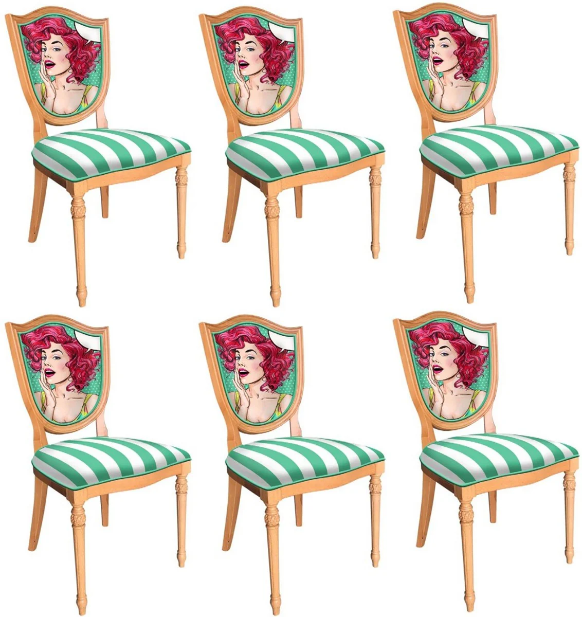 Art Deco Esszimmerstuhl Set Grün / Weiß / Mehrfarbig / Naturfarben - 6 Handgefertigte Art Deco Küchen Stühle mit Design und Streifen - Art Deco Esszimmer Möbel