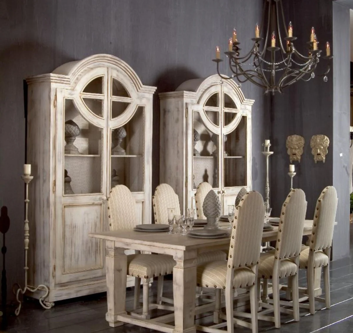 Luxus Landhausstil Schrank Antik Weiß - Handgefertigter Massivholz Regalschrank mit 2 Türen - Landhausstil Massivholz Möbel - Luxus Qualität