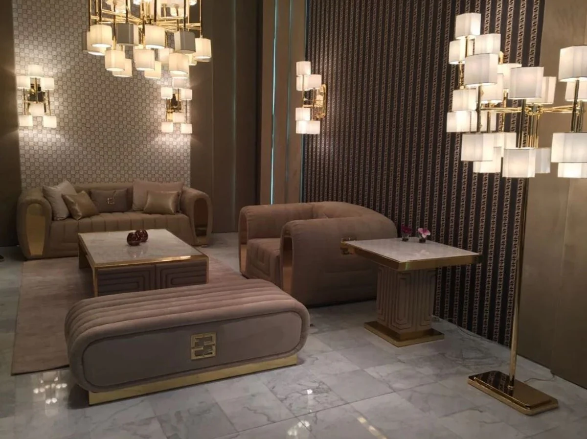 Luxus Couchtisch Weiß / Gold / Taupe 160 x 90 x H. 36 cm - Moderner Wohnzimmertisch mit Calacatta Marmorplatte - Hotel Möbel - Luxus Qualität - Made in Italy