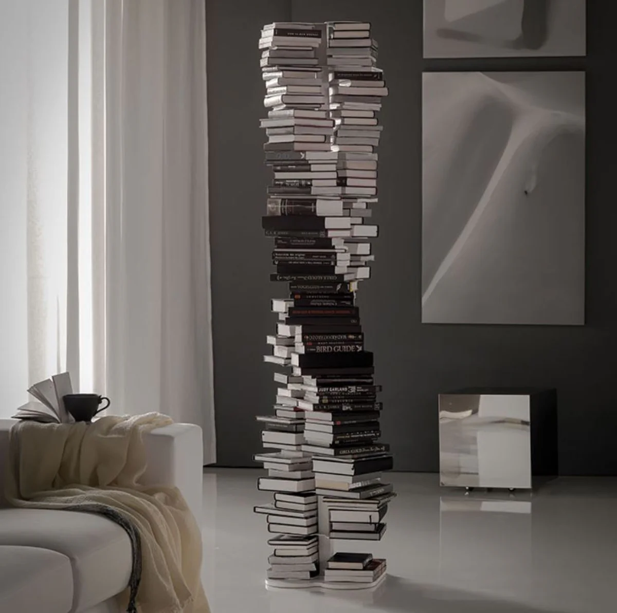 Luxus Bücherregal Weiß 36 x 36 x H. 181 cm - Freistehendes Edelstahl Bücherregal - Wohnzimmer Möbel - Luxus Kollektion