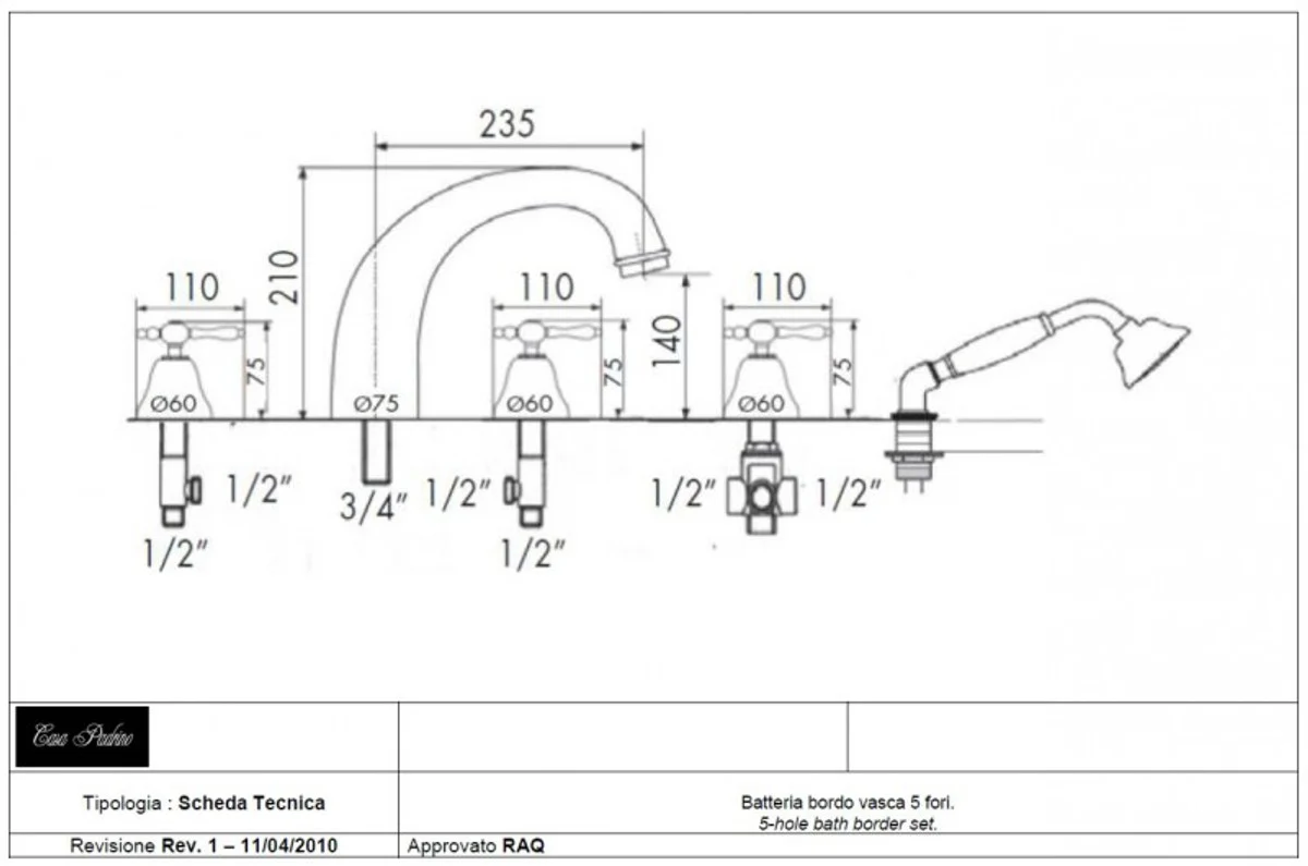 Luxus Bad Zubehör - Jugendstil Retro 5 Loch Wannen Kombination Chrom Serie Milano - Made in Italy - Nostalgisch Antik Stil