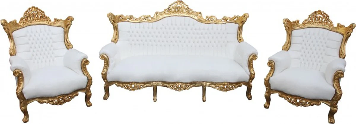 Barock Wohnzimmer Set Master Weiss/ Gold Lederoptik - 3-er Sofa + 2 Sessel