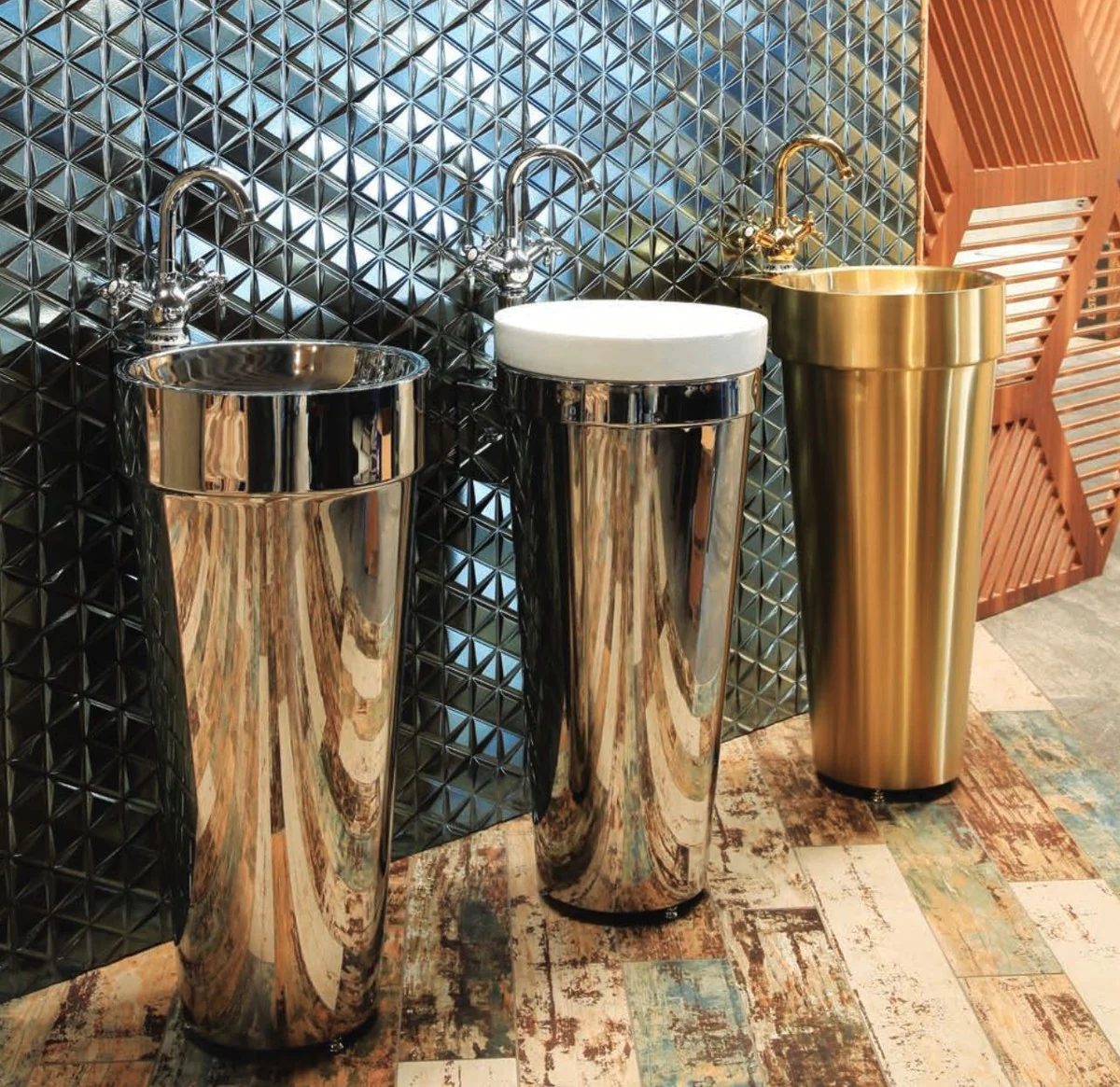 Luxus Edelstahl Waschtisch mit Porzellan Waschbecken Silber / Weiß 40 x H. 86 cm - Badezimmer Möbel - Hotel & Restaurant Kollektion - Luxus Qualität