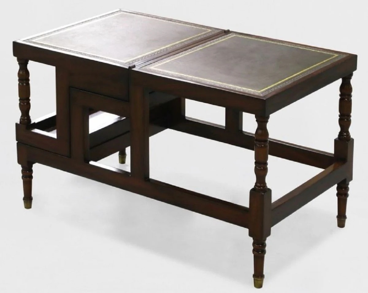 Luxus Jugendstil Couchtisch Dunkelbraun / Grün / Gold - Ausklappbare Massivholz Bibliothekstreppe mit Echtleder - Jugendstil Wohnzimmer Möbel - Edel & Prunkvoll