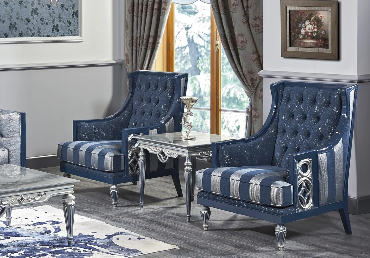 Luxus Barock Wohnzimmer Set Dunkelblau / Hellblau / Silber - Sofa & 2 Sessel & Couchtisch - Barock Wohnzimmermöbel