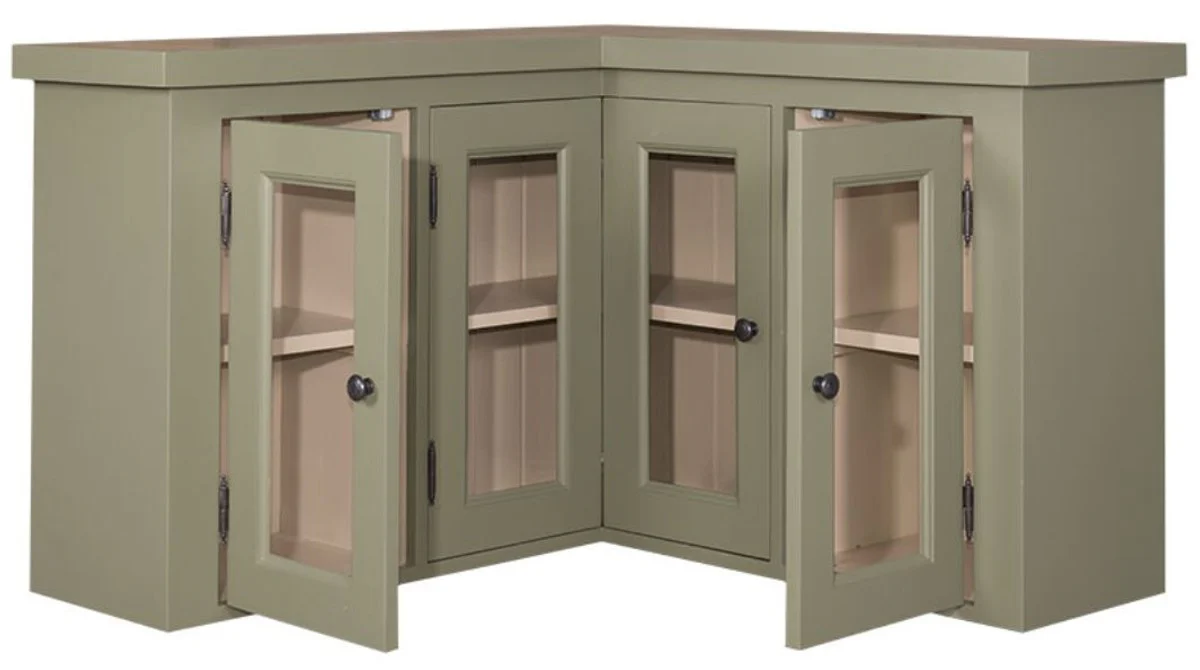 Landhausstil Küchen Eckoberschrank Grün / Beige 98 x 98 x H. 65 cm - Landhausstil Hängeschrank mit 3 Glastüren